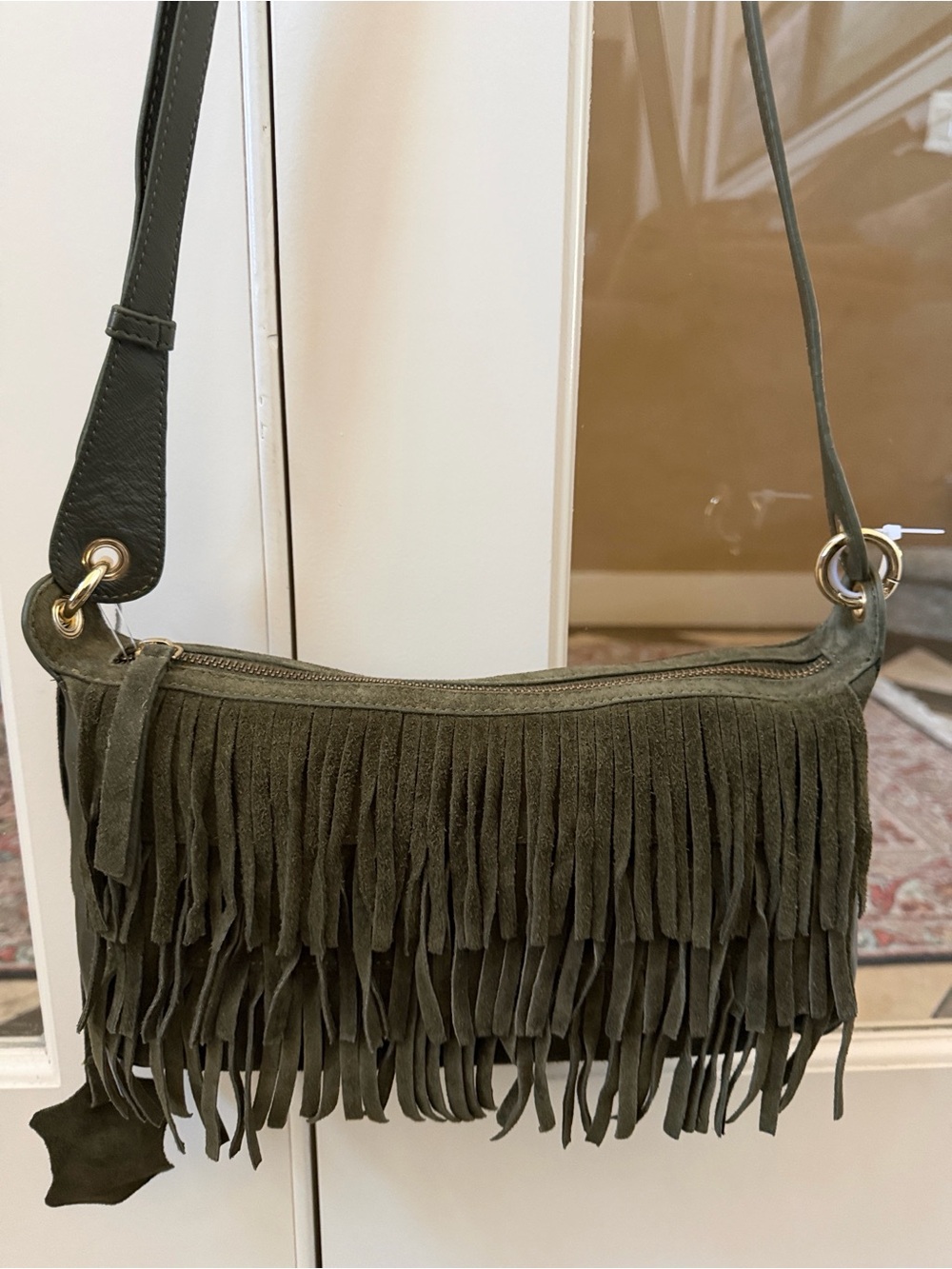 Haute Hippie Olive Green Genuine Suede Tiered Fringe Adjustable Crossbody Bag - Picture 3 of 10